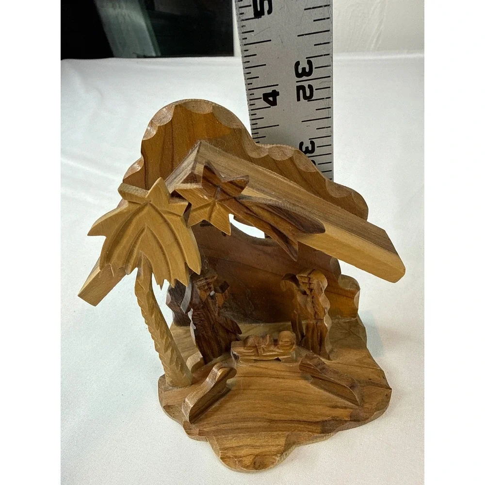Hand Carved Olive Wood Nativity Scene Small Rustic Christmas Stable Ornament